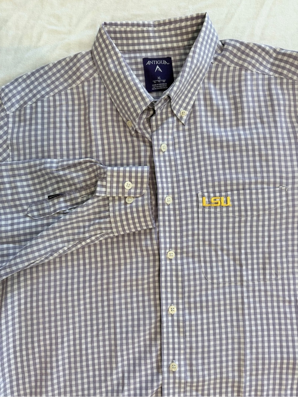 Antigua LSU Tigers Purple/White Gingham Check Button-Down Shirt Size XL Game Day